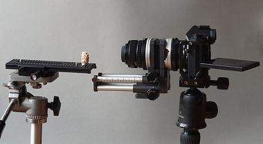 Novoflex Balgengerät mit EL-Nikkor 50 mm 2,8 in Retrostellung, Einstellschlitten als Objektträger